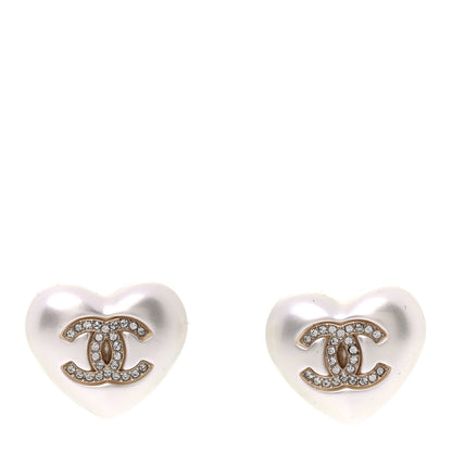 Chanel Pearl Crystal CC Heart Earrings Gold 1 of 4