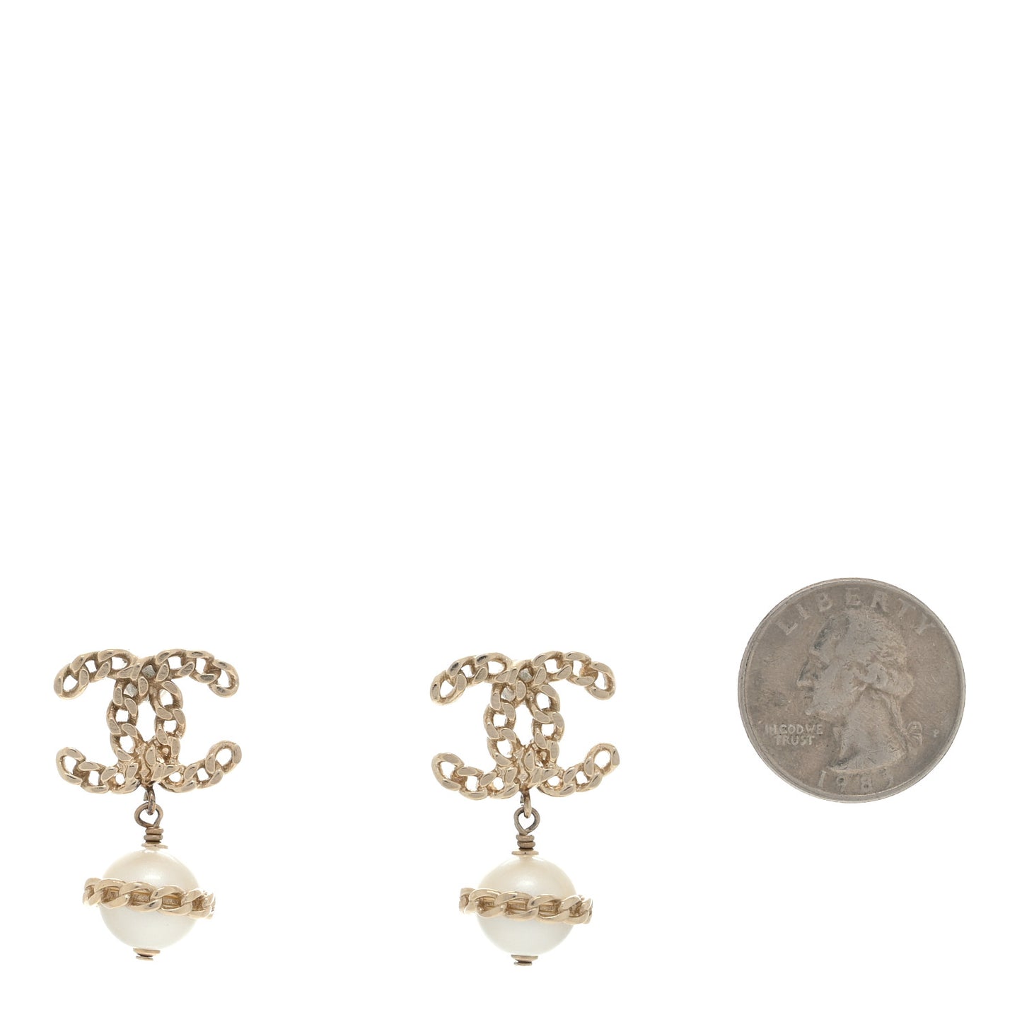 Metal Pearl CC Chain Drop Earrings Gold