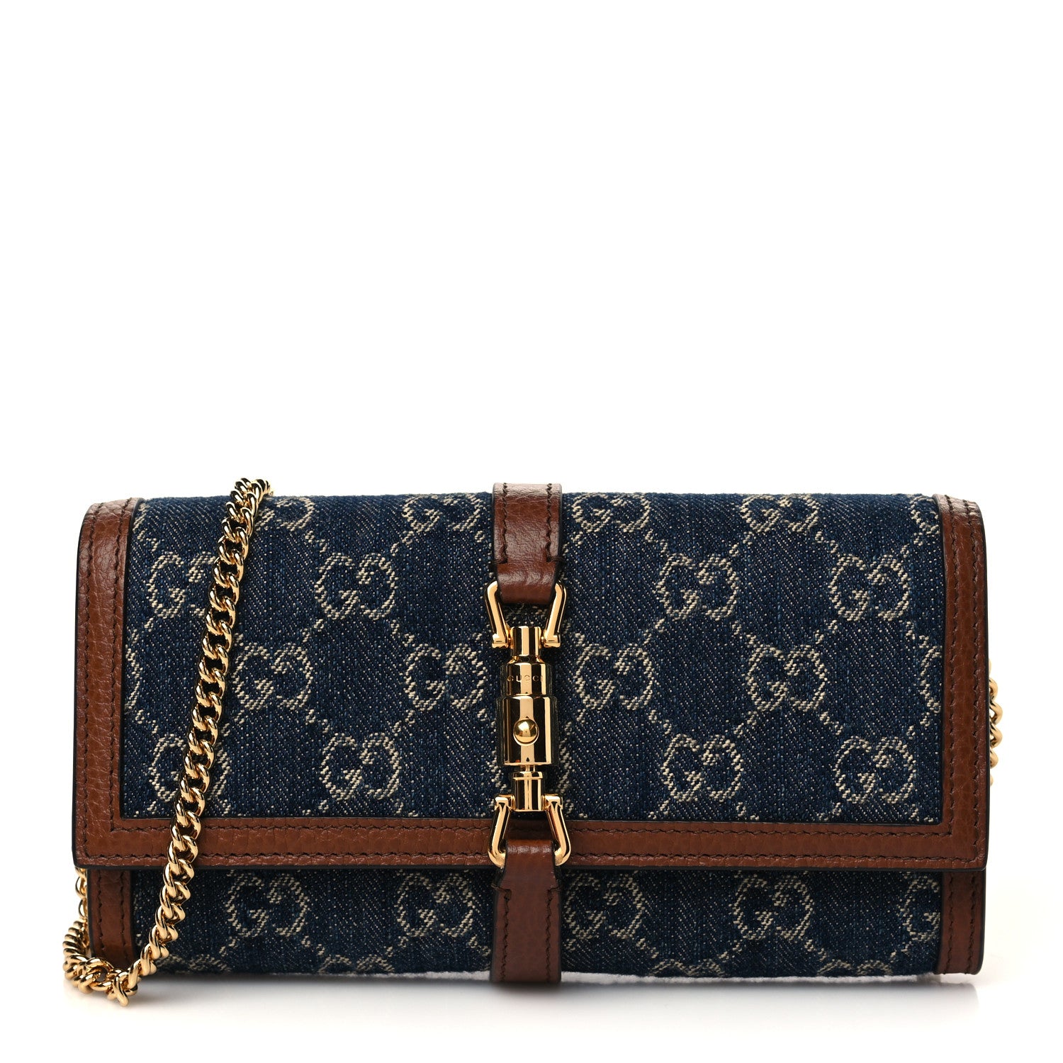 Gucci New Denim GG Monogram Jackie 1961 Chain Wallet Blue Tea Cuir 1 of 6