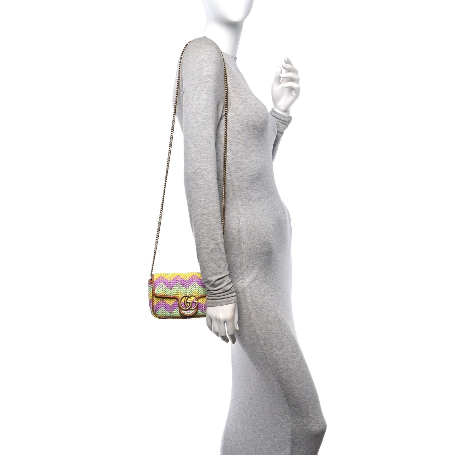 Woven Raffia Calfskin Super Mini GG Marmont Shoulder Bag Multicolor