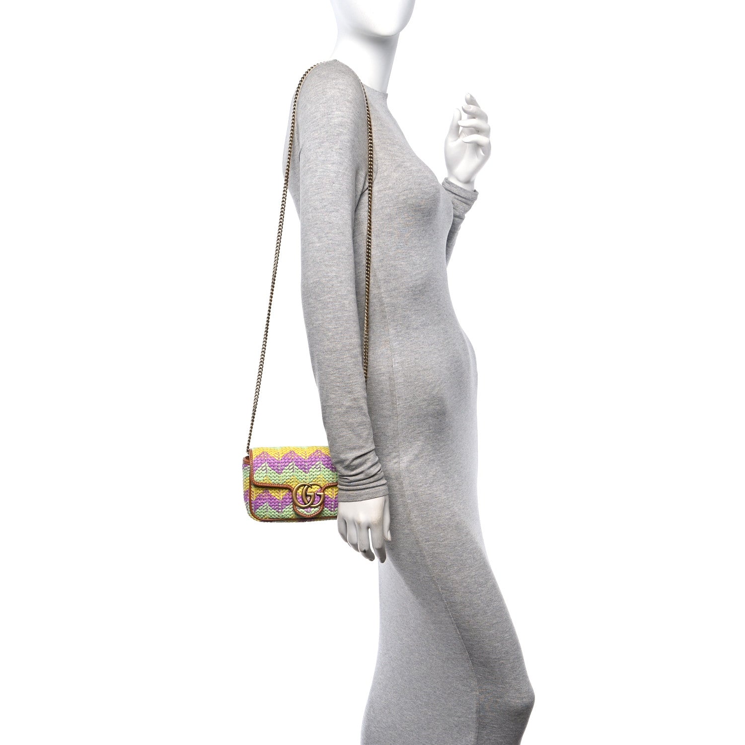 Gucci Woven Raffia Calfskin Super Mini GG Marmont Shoulder Bag Multicolor 2 of 10
