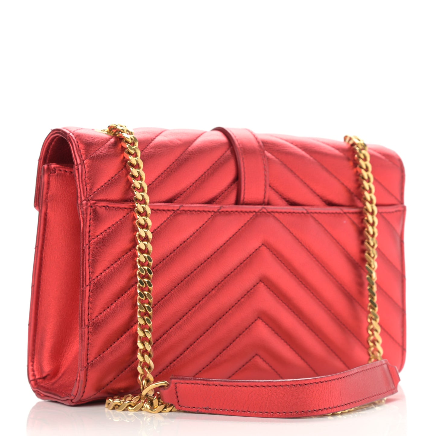 Metallic Matelasse Chevron Small Monogram Chain Shoulder Bag Red
