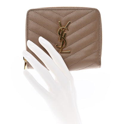 Saint Laurent Grain De Poudre Matelasse Chevron Monogram Compact Zip Around Wallet Taupe 2 of 8