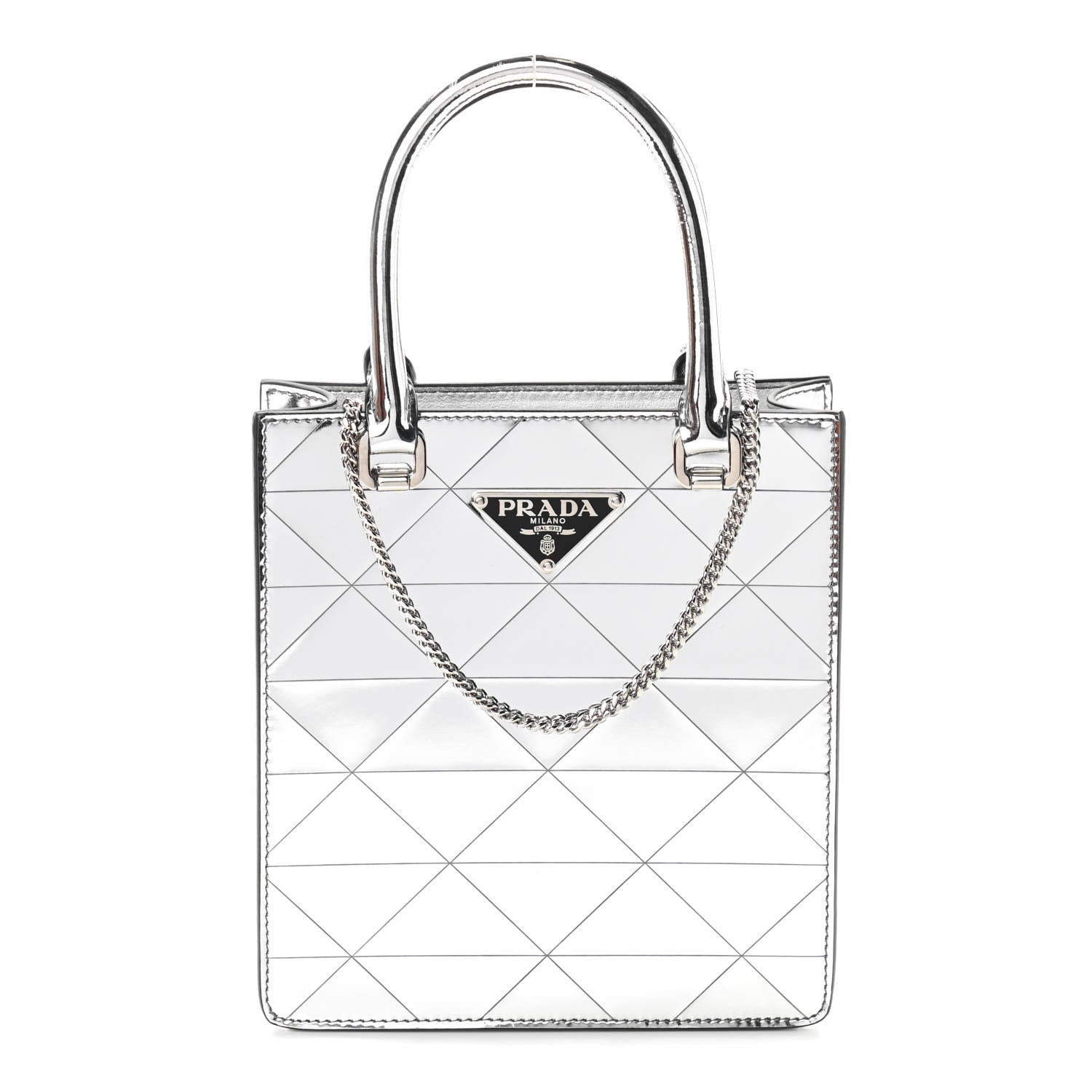 Prada Spazzolato Metal Triangle Logo Triangle Patterned Small Double Handle Crossbody Tote Argento 1 of 9