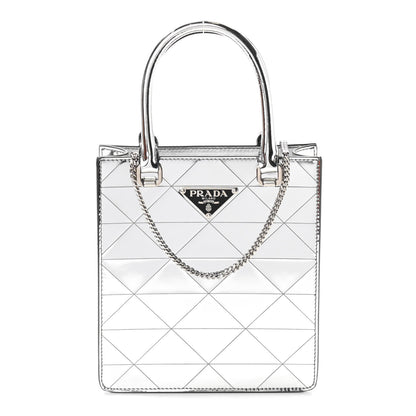 Prada Spazzolato Metal Triangle Logo Triangle Patterned Small Double Handle Crossbody Tote Argento 1 of 9