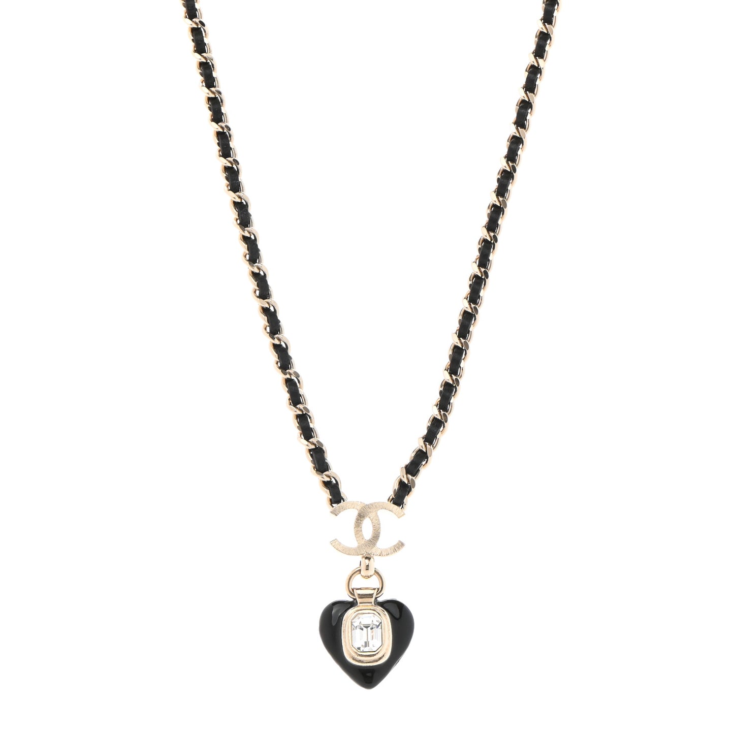 Lambskin Crystal Pearl CC Heart Drop Necklace Gold Black