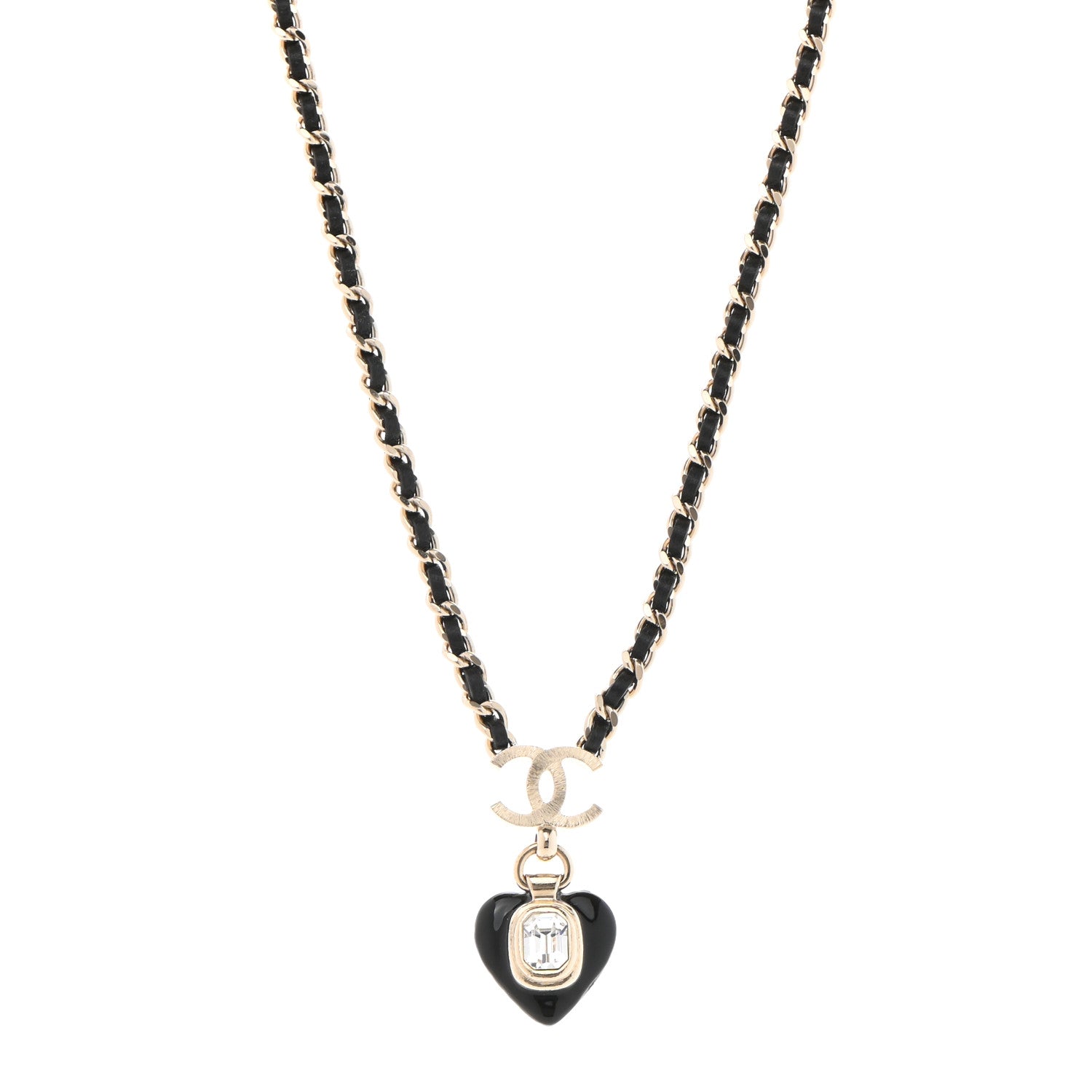Chanel Lambskin Crystal Pearl CC Heart Drop Necklace Gold Black 1 of 7