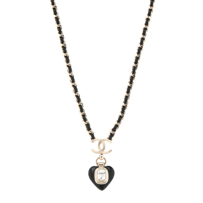 Chanel Lambskin Crystal Pearl CC Heart Drop Necklace Gold Black 1 of 7