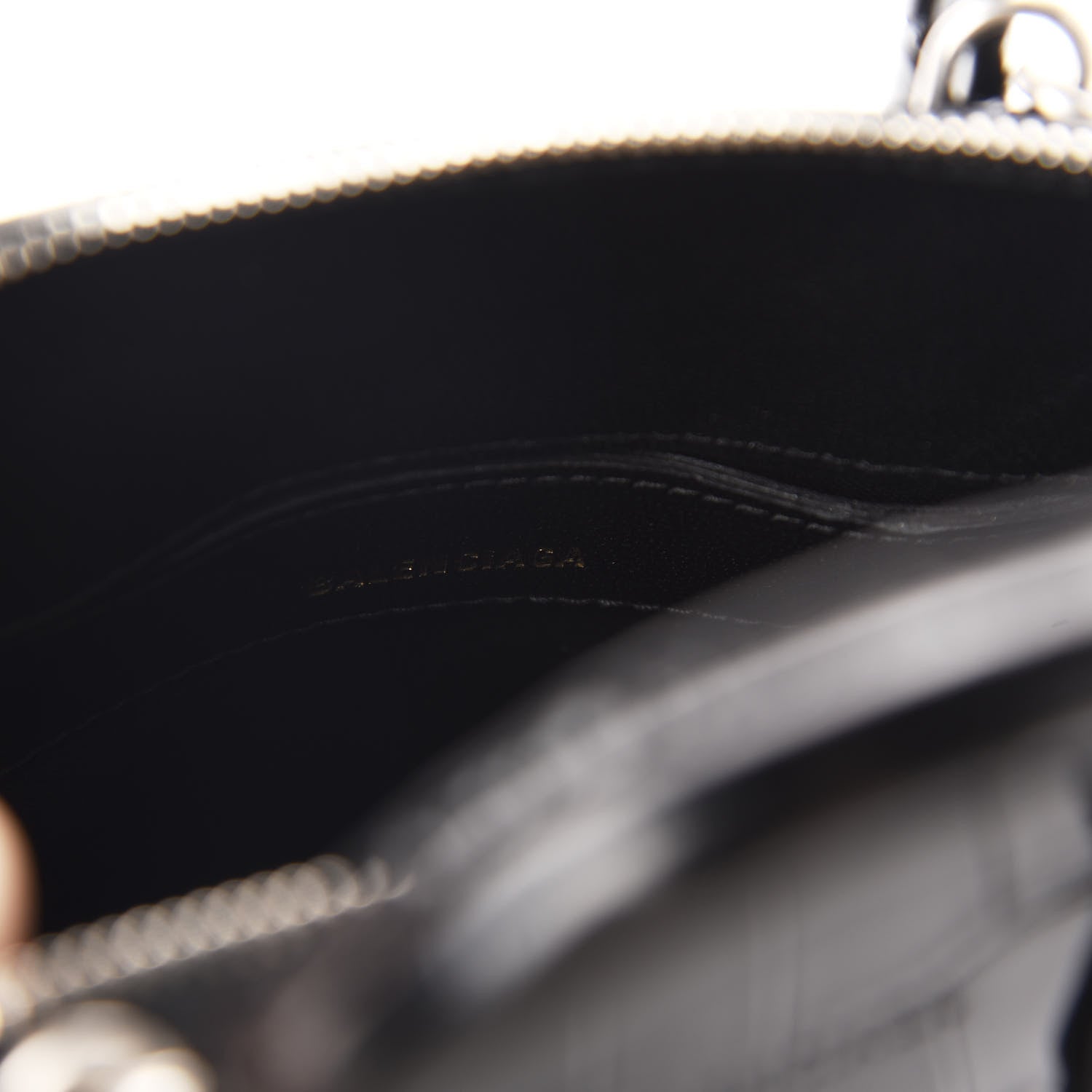 Balenciaga Shiny Calfskin Logo Crocodile Embossed XXS Ville Top Handle Bag Black White 8 of 9