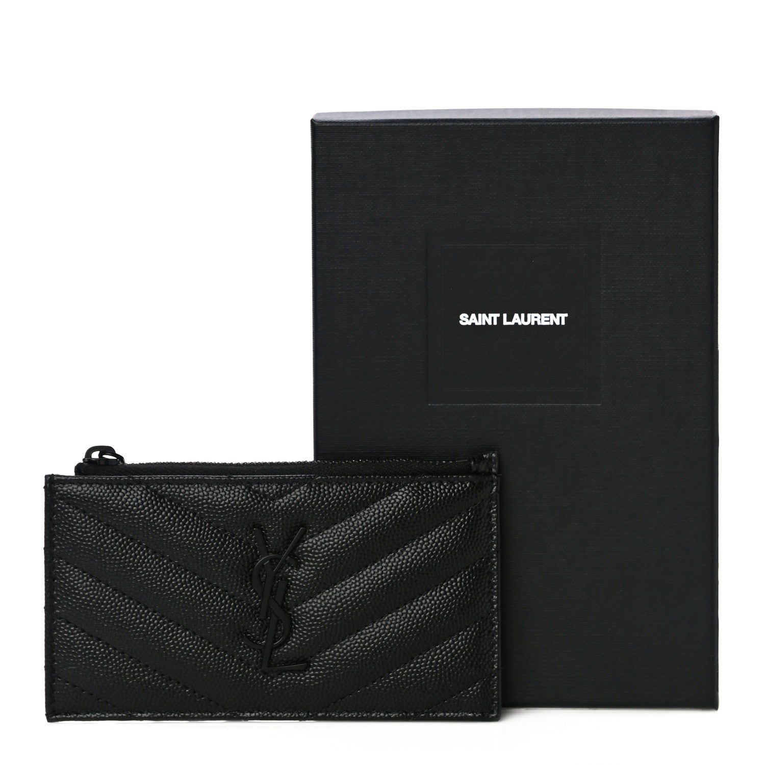 Saint Laurent Grain De Poudre Matelasse Chevron Monogram Fragments Zippered Card Case Black 13 of 13