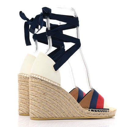 Gucci Canvas Sylvie Web Ankle Wrap Espadrille Wedge Sandals 38.5 Mystic White Hibiscus Red Maritime 4 of 9