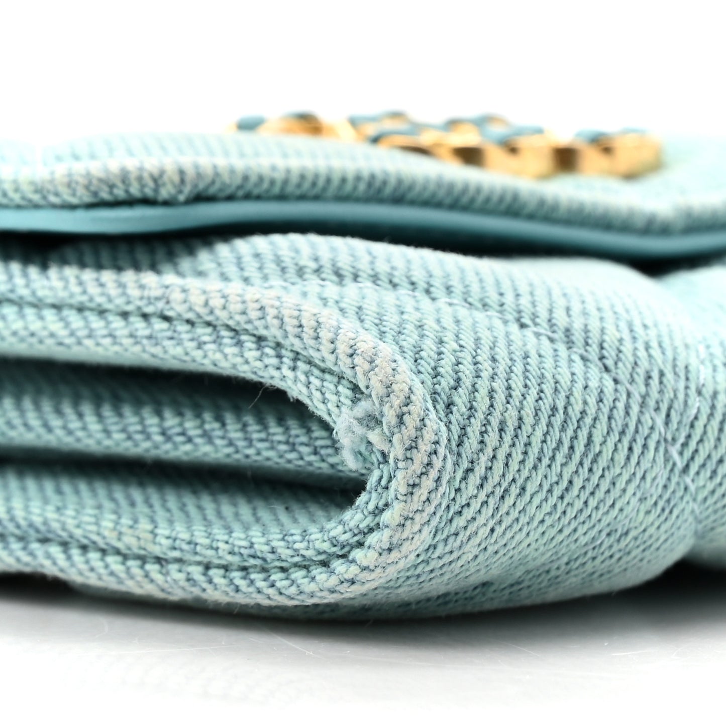 Denim Quilted Chanel 19 Flap Card Holder With Chain Light Blue
