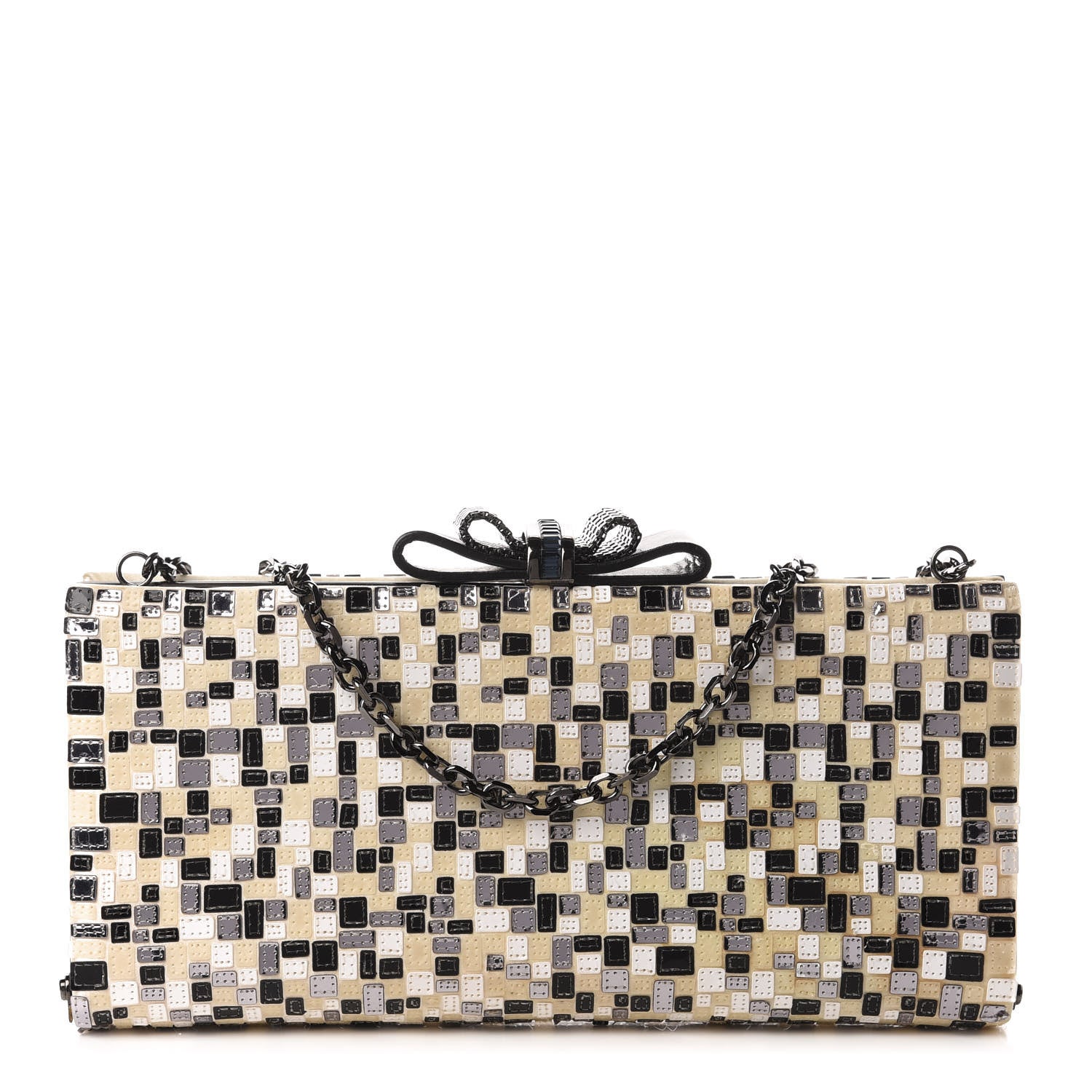 Christian Louboutin Satin Sequins Mosaique Cleo Clutch Black White 1 of 14