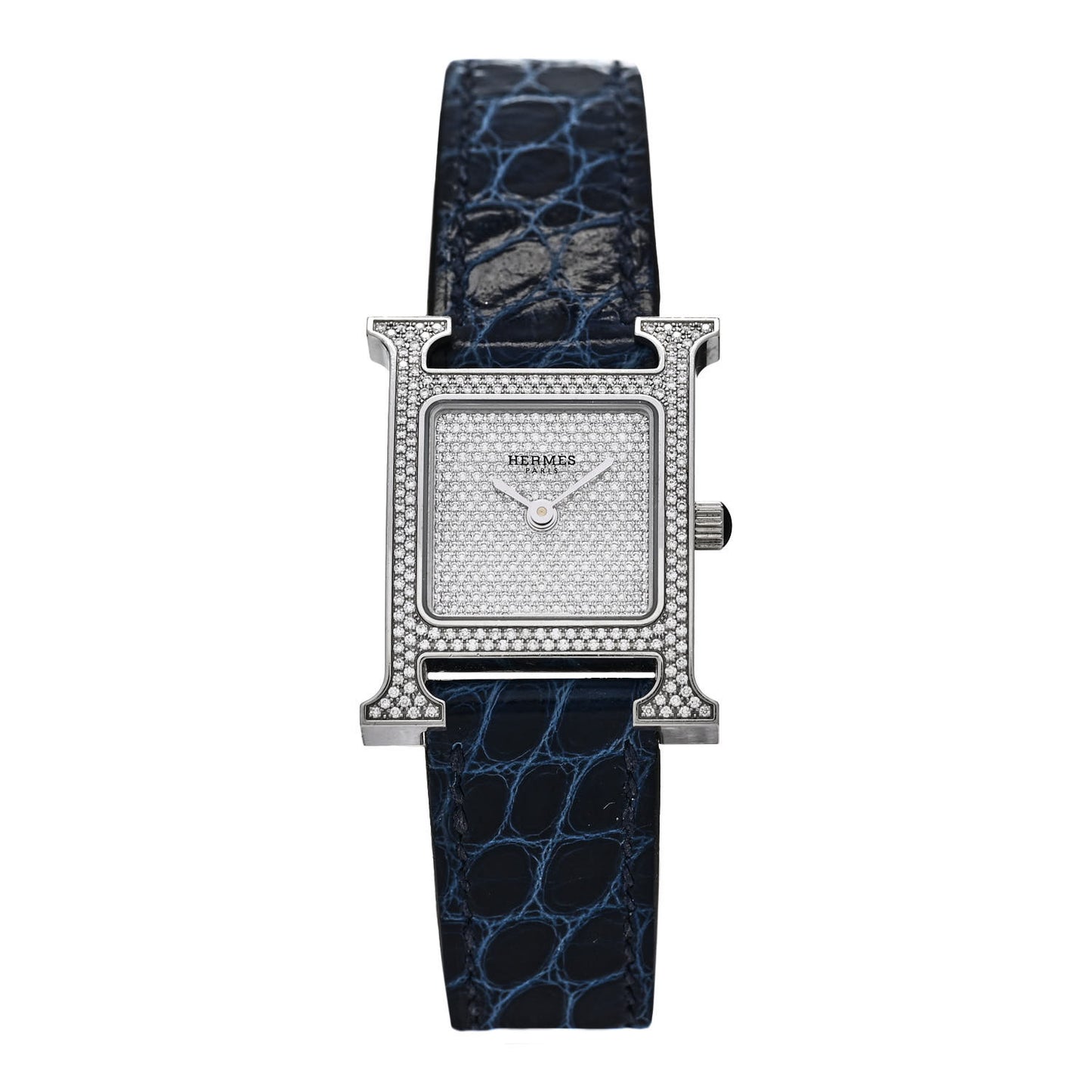 Stainless Steel Alligator Diamond Pave 21mm Heure H Hour Quartz Watch Bleu Saphir