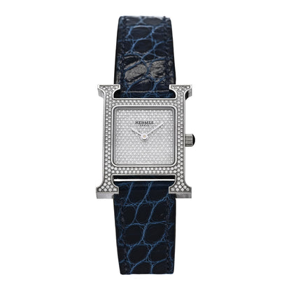 Hermes Stainless Steel Alligator Diamond Pave 21mm Heure H Hour Quartz Watch Bleu Saphir 1 of 4