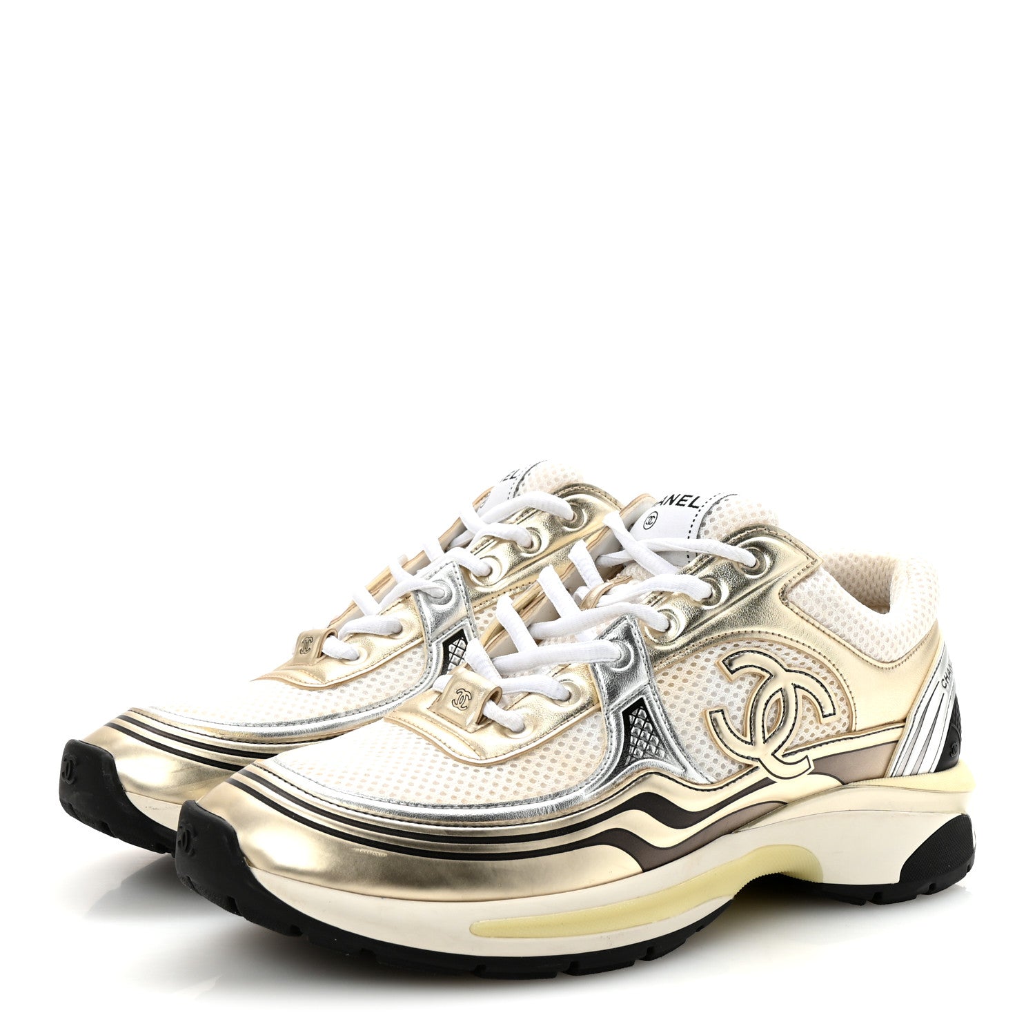Chanel Fabric Laminated Calfskin Stretch CC Womens Sneakers 40 White Gold Silver 4 of 10