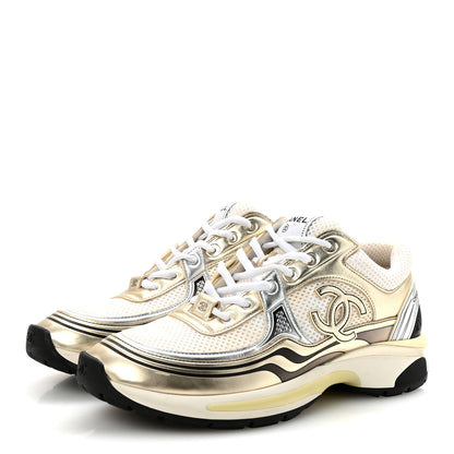Chanel Fabric Laminated Calfskin Stretch CC Womens Sneakers 40 White Gold Silver 4 of 10