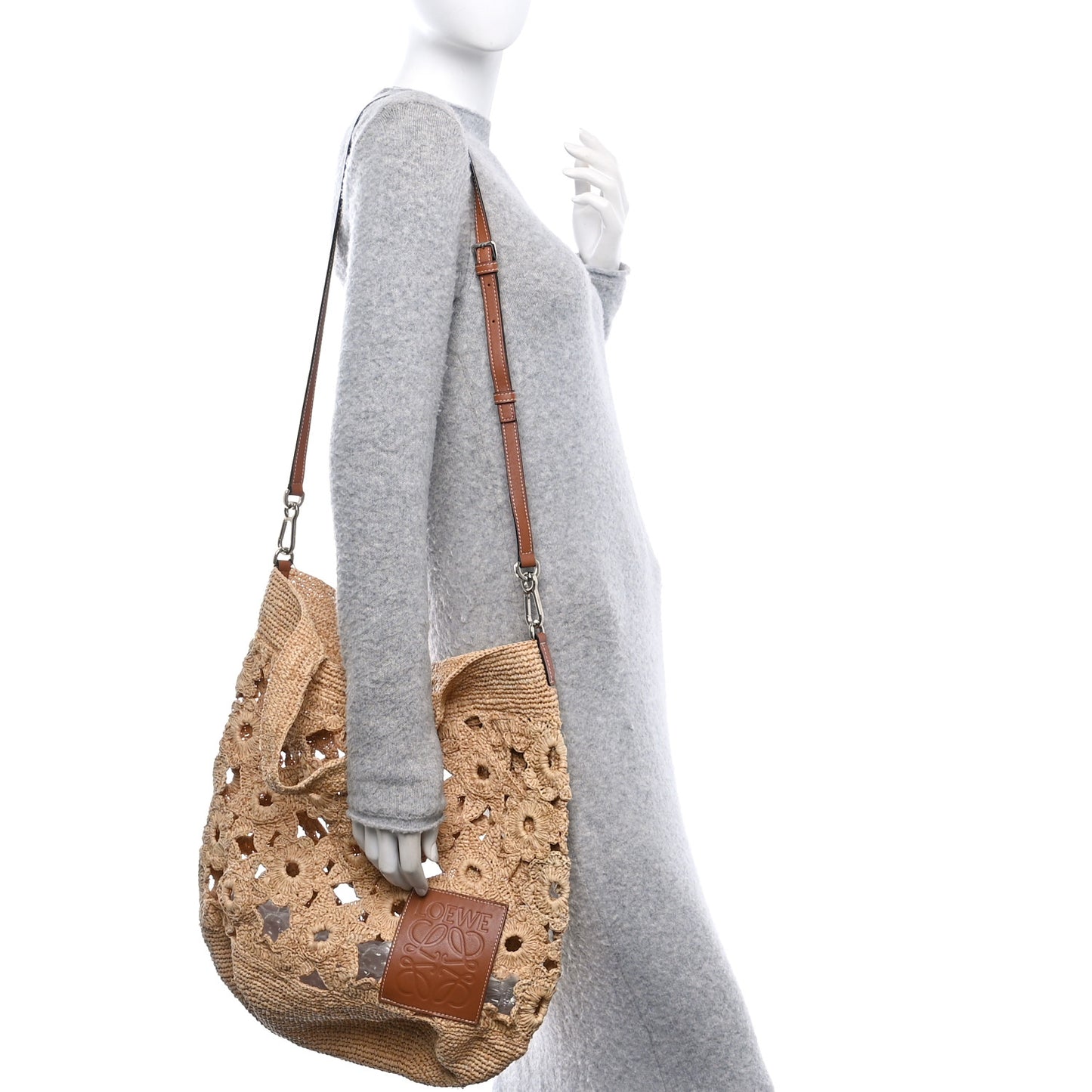 Raffia Crochet Slit Tote Bag Natural Tan