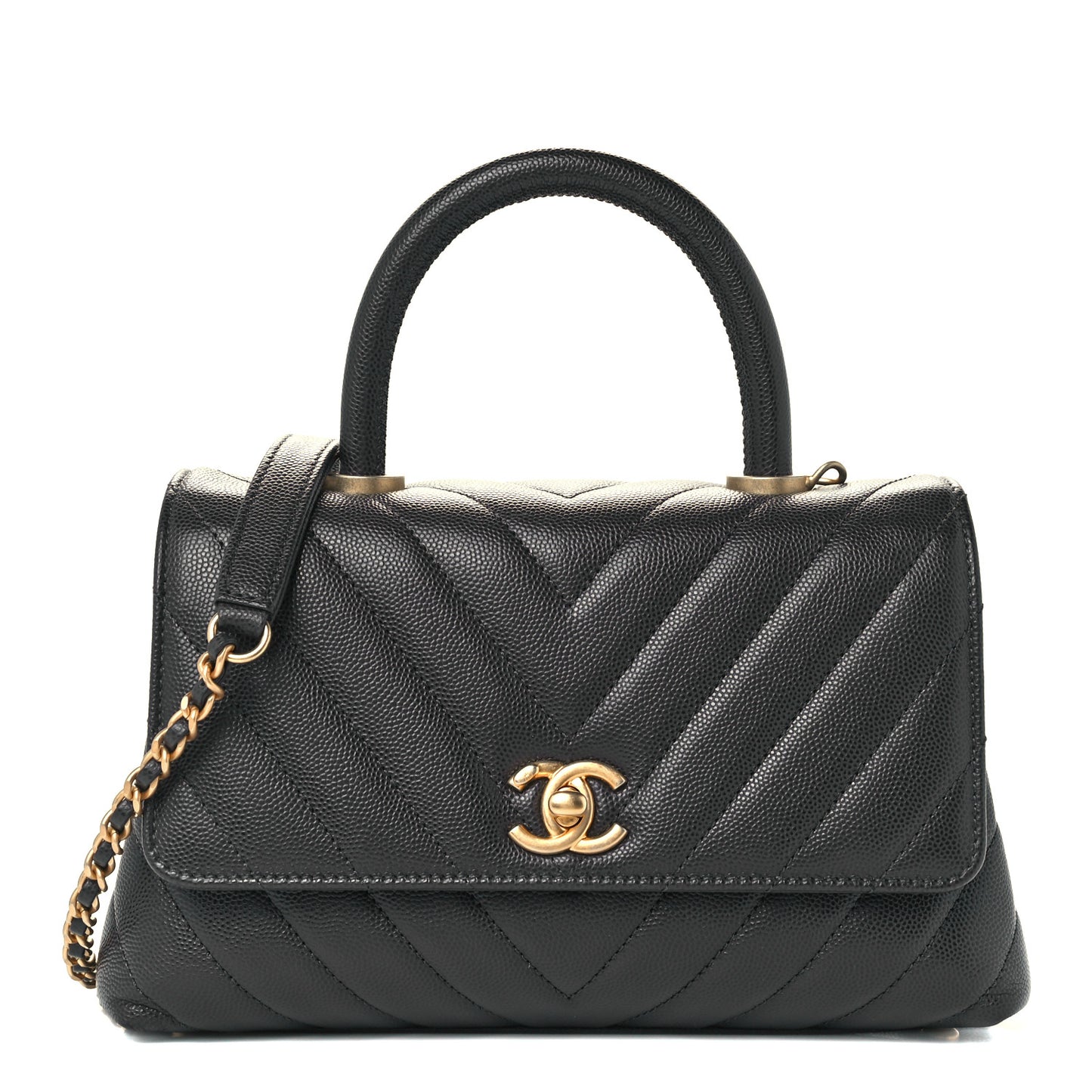 Caviar Chevron Quilted Mini Coco Handle Flap Dark Grey