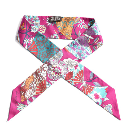 Hermes Silk Fleurs et Papillons de Tissus Twilly Fuchsia Turquoise Beige 1 of 4