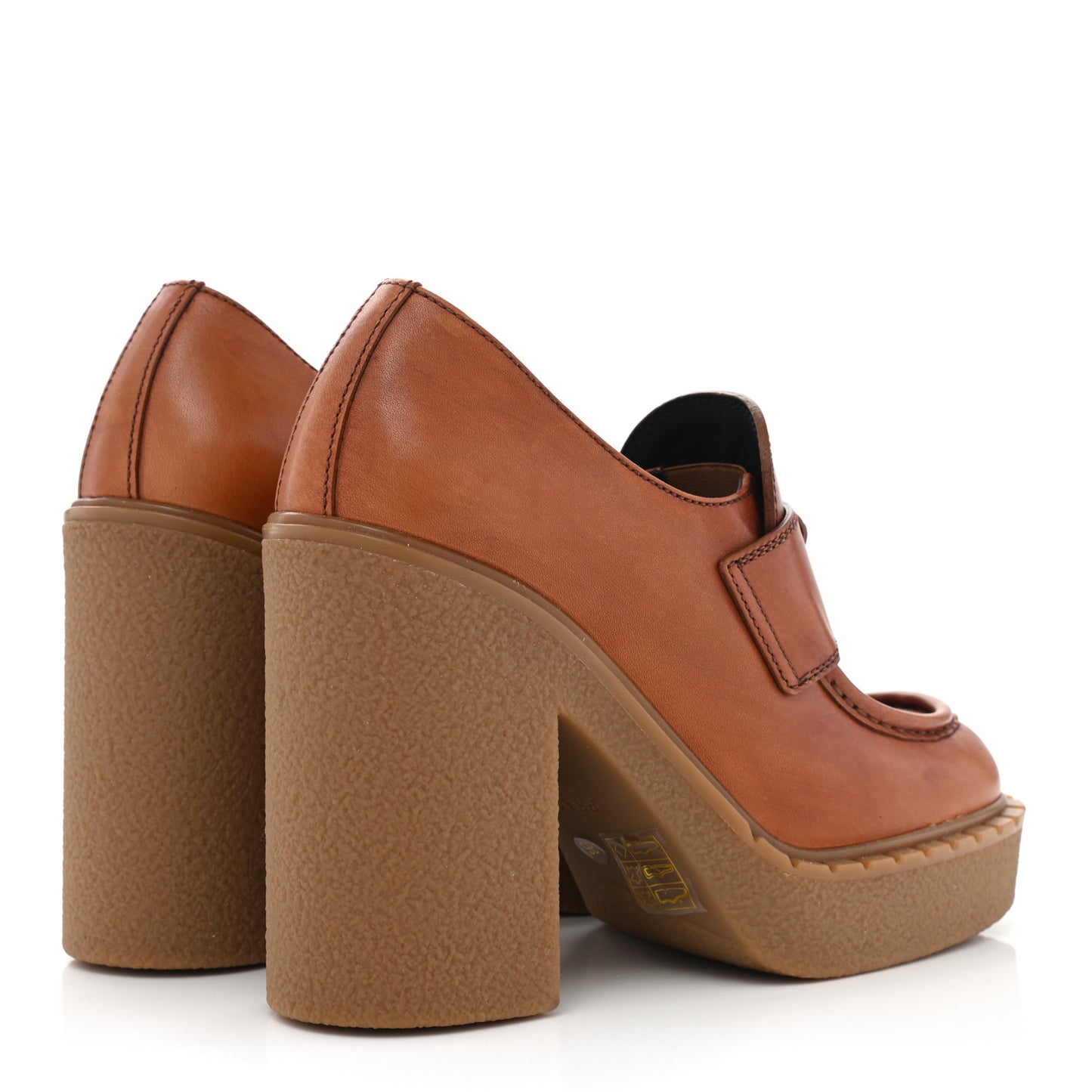 Calfskin Metal Triangle Logo Flow Heeled Loafers 36 Caramel