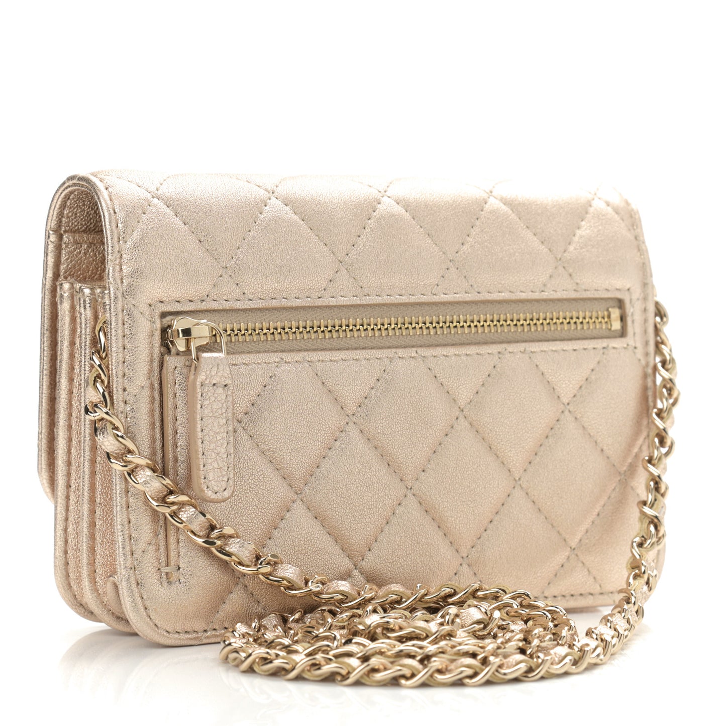 Metallic Lambskin Quilted Mini Wallet On Chain WOC Gold