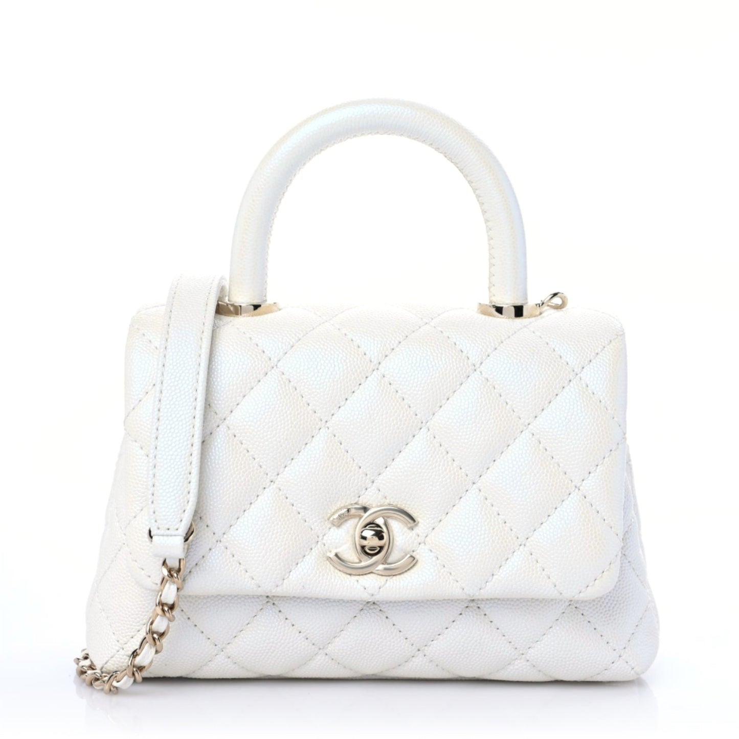 Iridescent Caviar Quilted Extra Mini Coco Handle Flap White
