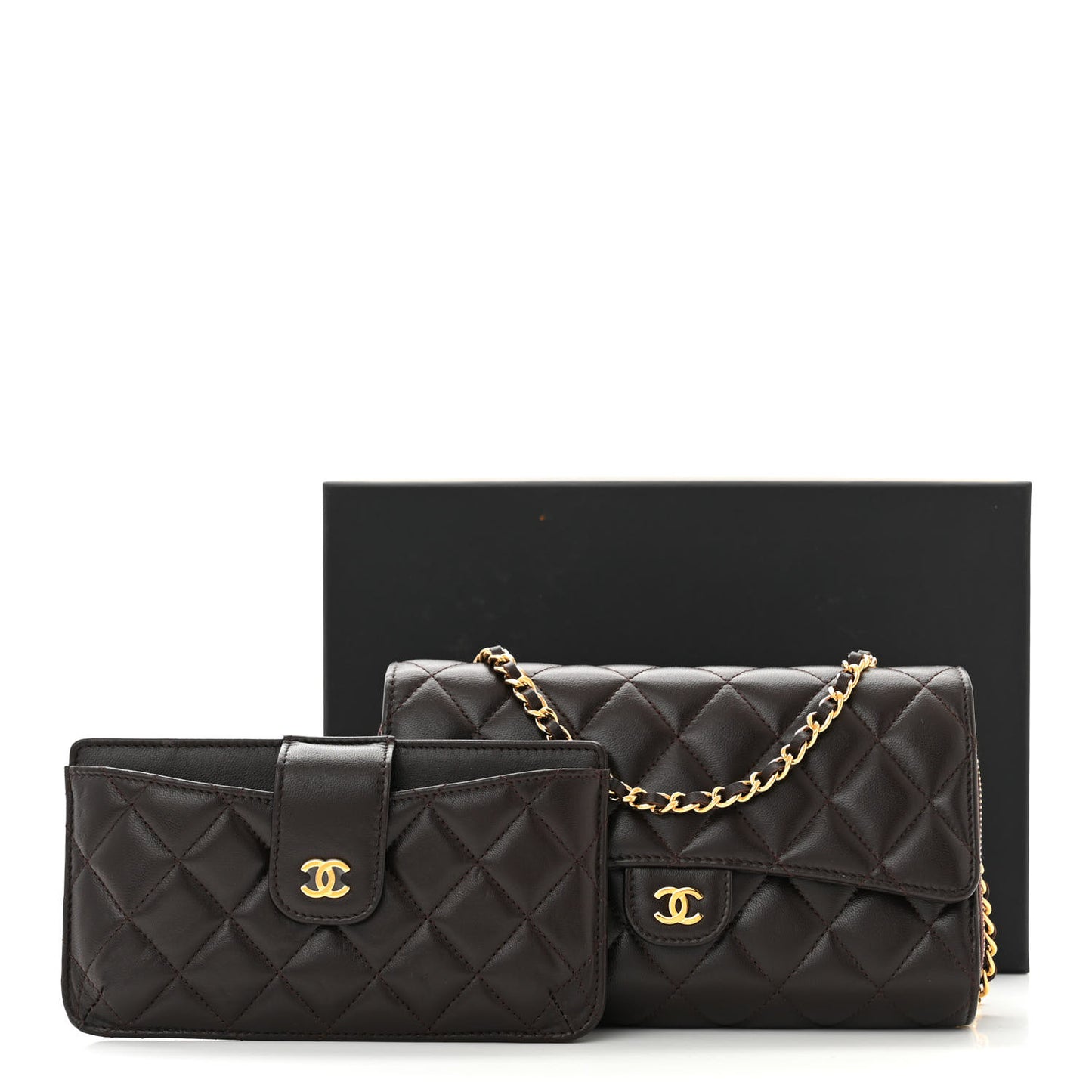 Lambskin Quilted Phone Holder Wallet on Removable Chain Brown