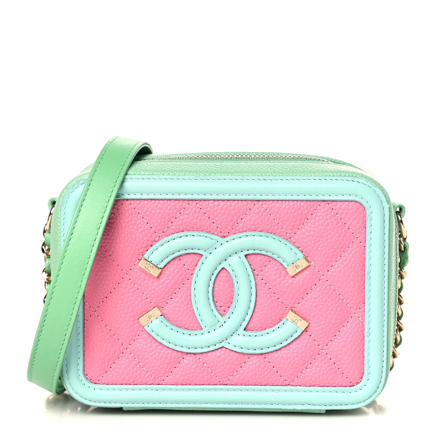 Chanel Caviar Quilted Filigree Vanity Clutch With Chain Pink Light Blue Green 1 of 9
