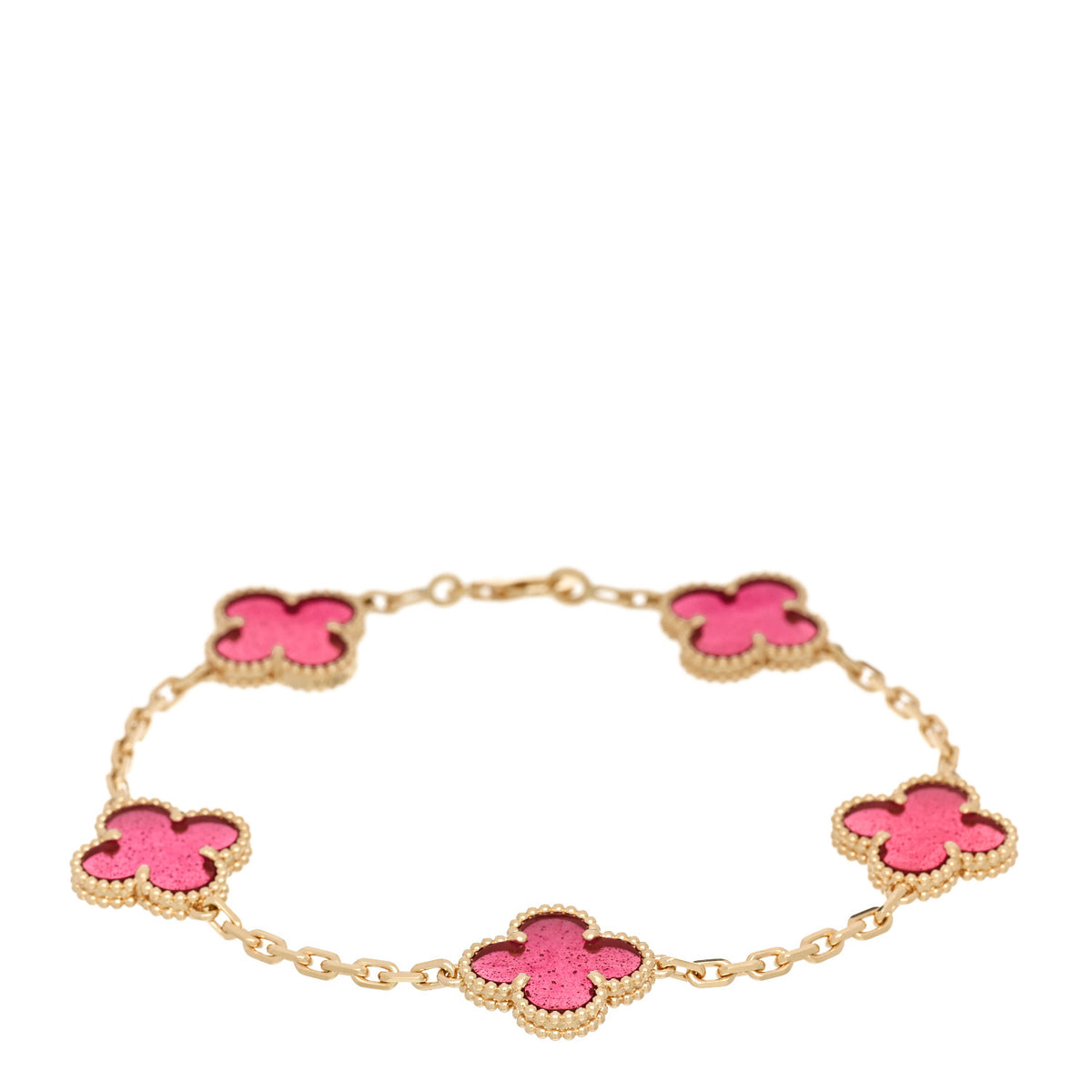 Van Cleef & Arpels 18K Yellow Gold Pink Enamel 5 Motifs Vintage Alhambra Bracelet 1 of 5