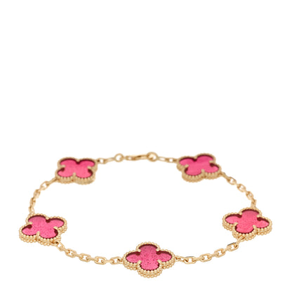 Van Cleef & Arpels 18K Yellow Gold Pink Enamel 5 Motifs Vintage Alhambra Bracelet 1 of 5