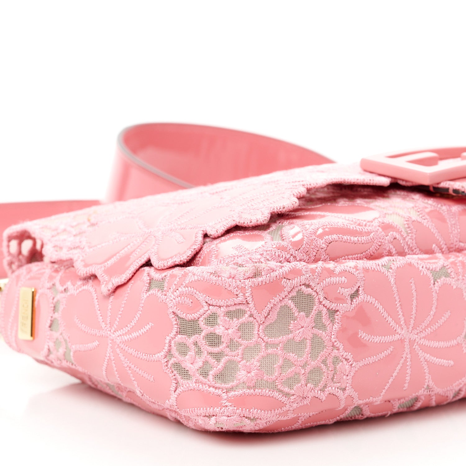 Fendi Mesh Patent Floral Embroidered Monochrome Baguette Pink 9 of 10