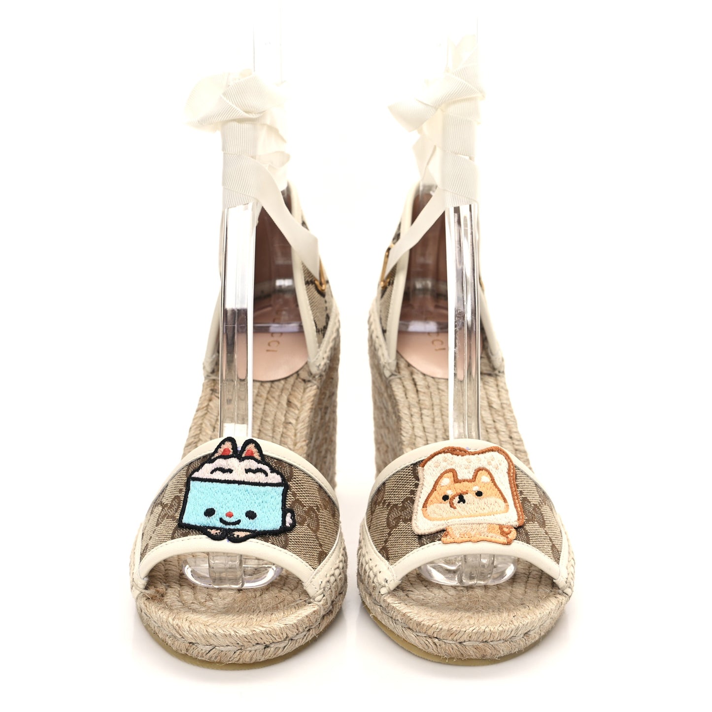Monogram Patches Ankle Wrap Platform 35/120mm Espadrille Wedges 37.5 Beige White