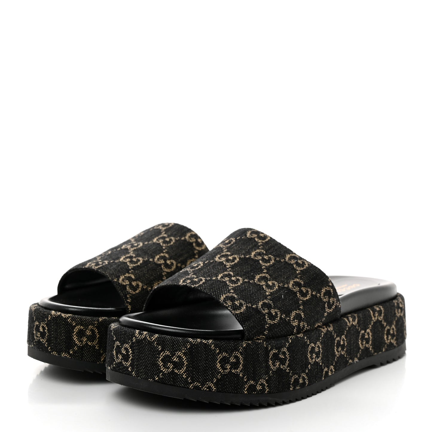 Jacquard Black Denim GG Monogram Angelina Platform 55mm Slide Sandals 40 Black Ivory