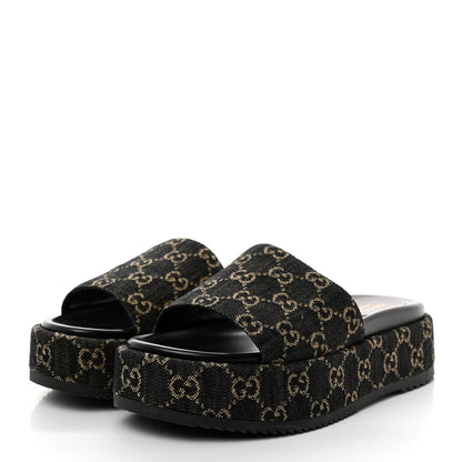 Gucci Jacquard Black Denim GG Monogram Angelina Platform 55mm Slide Sandals 40 Black Ivory 3 of 9