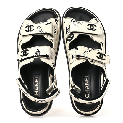 Chanel Lambskin Printed CC Velcro Dad Sandals 37.5 White Black 2 of 14