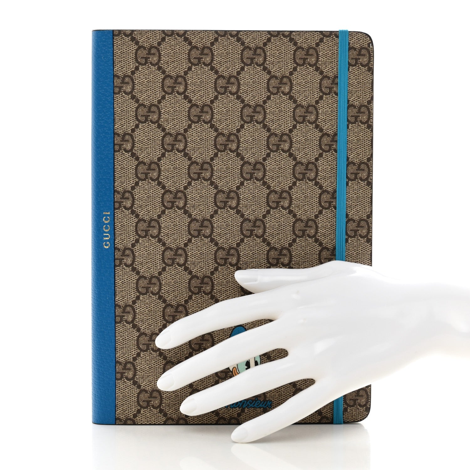 Gucci X DISNEY GG Supreme Monogram Textured Dollar Calfskin Donald Duck Notebook Beige Ebony Blue 2 of 7
