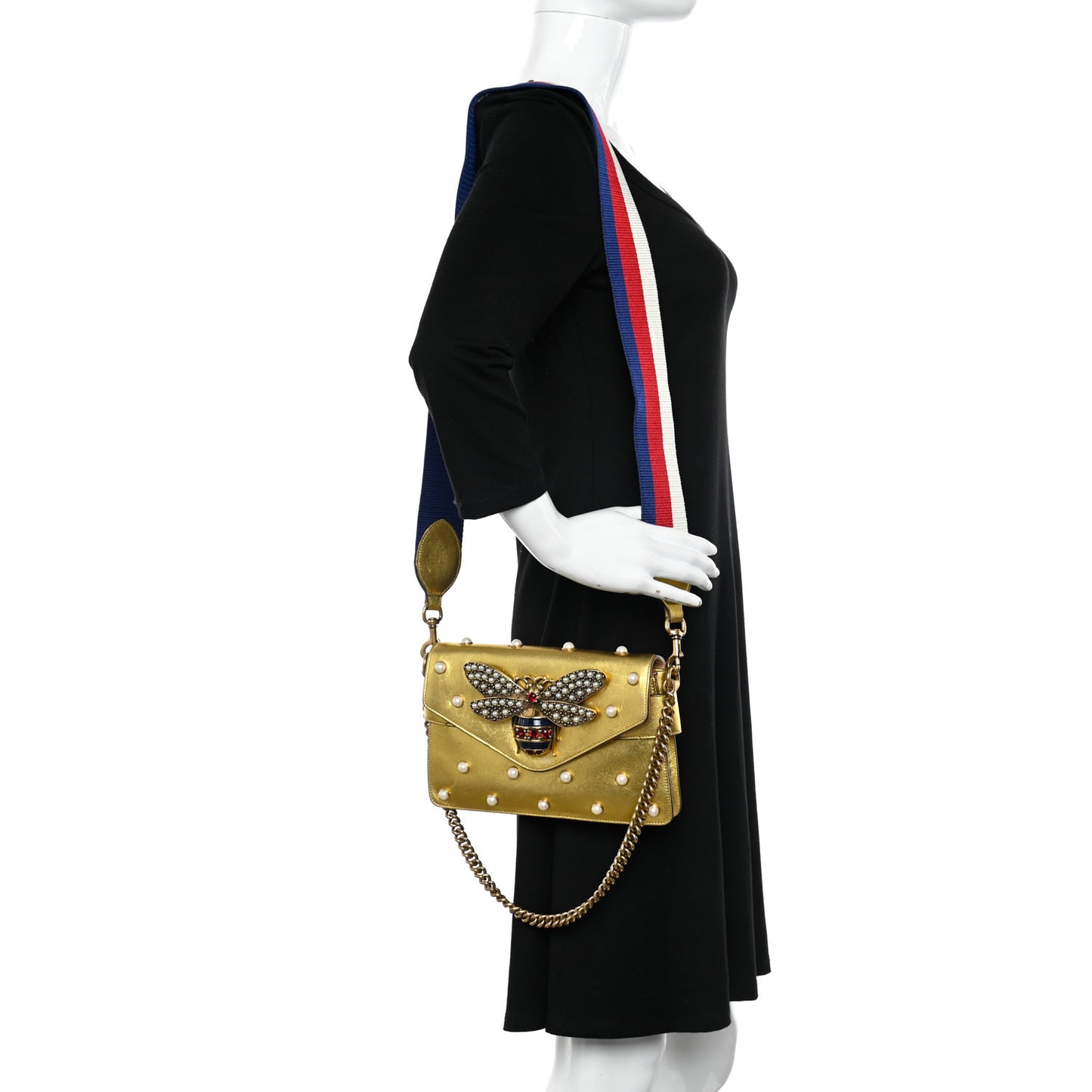 Metallic Nappa Pearl Studded Mini Queen Margaret Broadway Shoulder Bag Gold