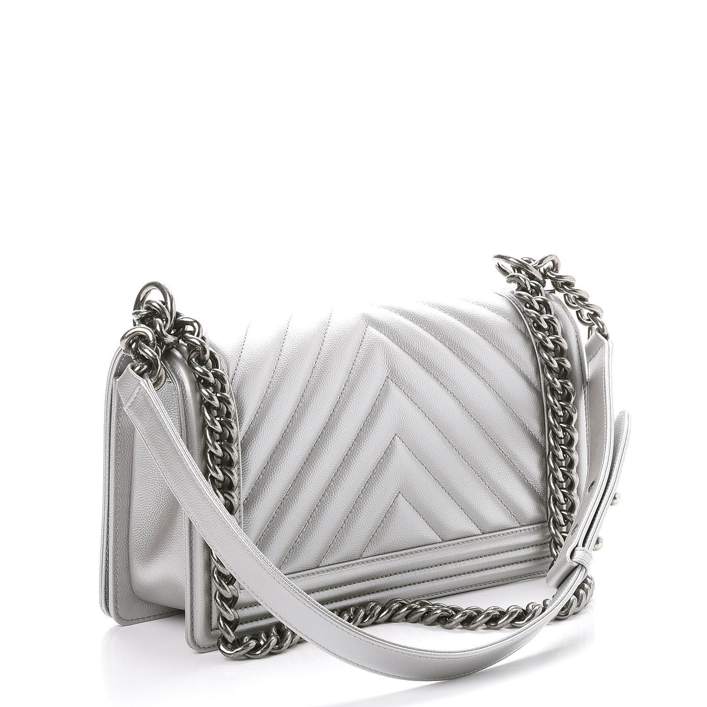 Metallic Caviar Chevron Quilted Medium Boy Flap Silver