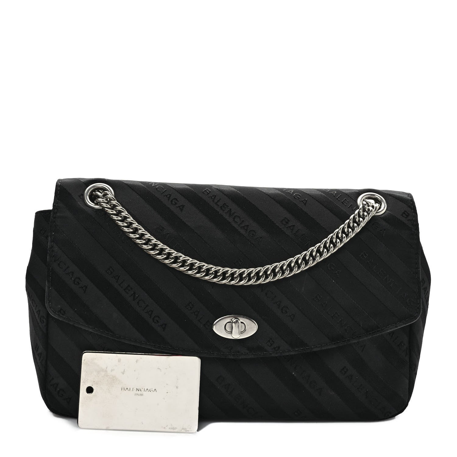 Balenciaga Nylon Jacquard Diagonal Logo Medium Scarf Lock Chain Shoulder Bag Black Red 1 of 14