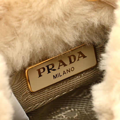 Prada Shearling Metal Triangle Logo Mini Drawcord Pouch Shoulder Bag Ecru 6 of 8