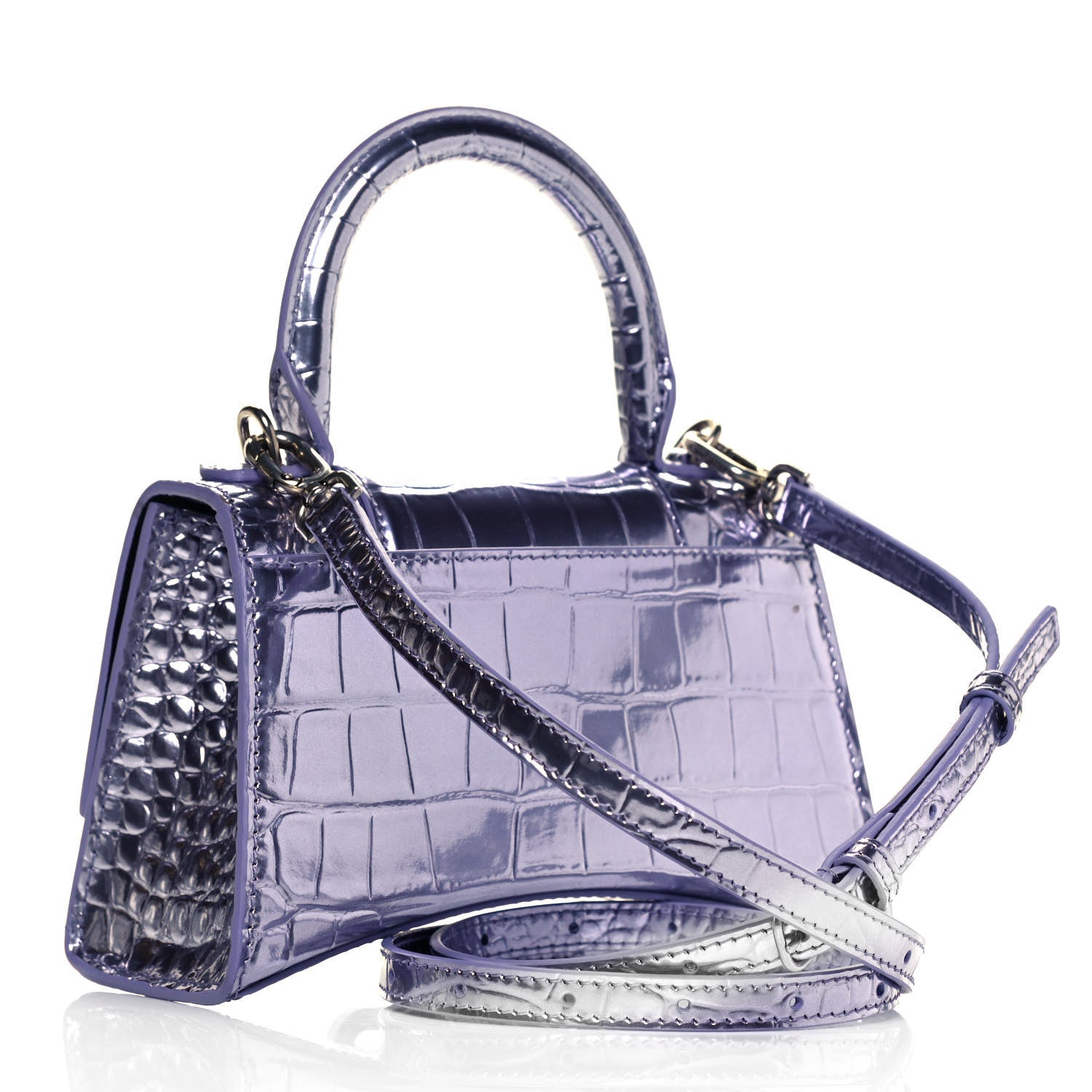 Balenciaga Metallic Calfskin Crocodile Embossed Hourglass Top Handle Bag XS Lilac 3 of 8