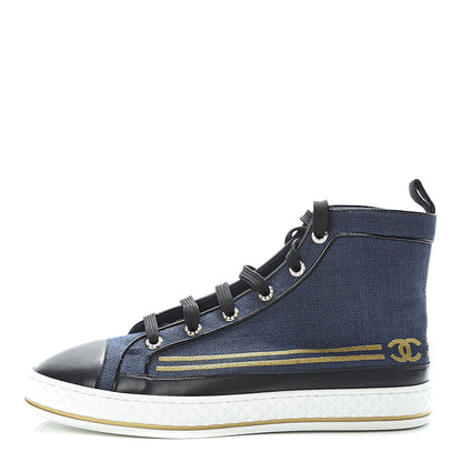 Chanel Fabric Lambskin Lace Up Cap Toe Sneakers 42 Navy Black 1 of 8