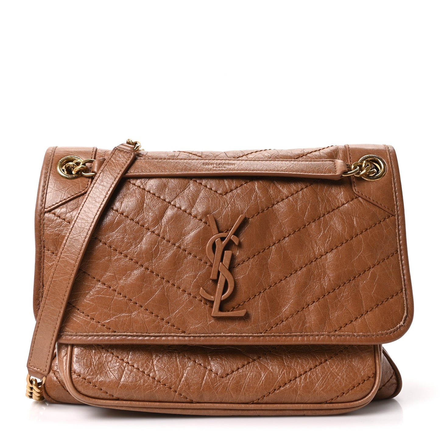 Crinkled Calfskin Matelasse Monogram Medium Niki Chain Satchel Caramel