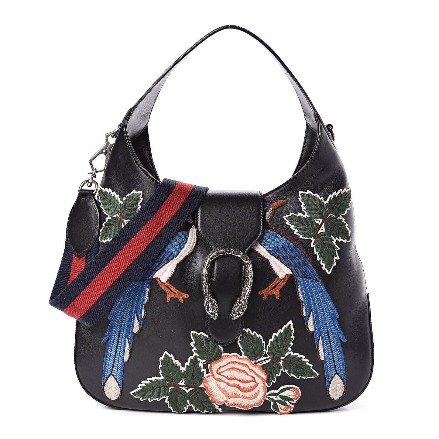 Calfskin Web Garden Collection Embroidered Medium Dionysus Hobo Black