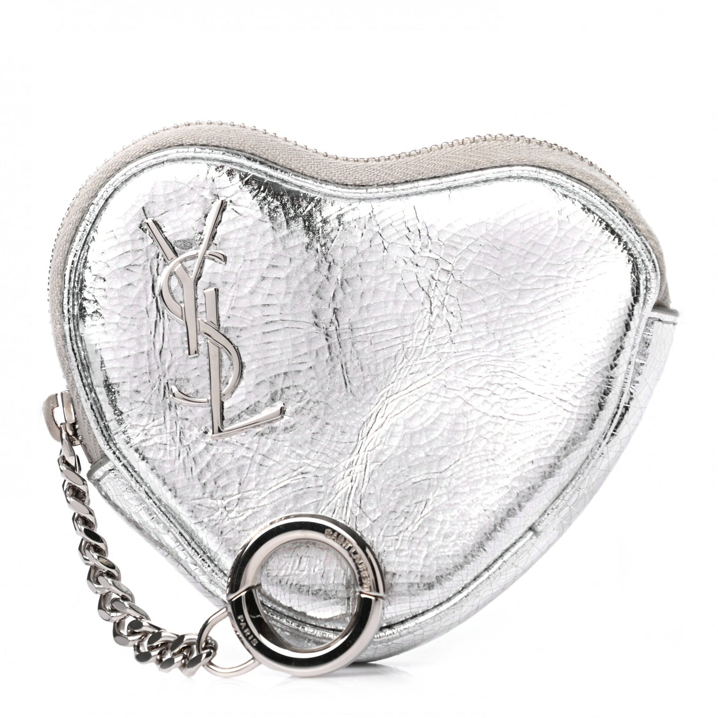 Metallic Calfskin Monogram Heart Key Pouch Silver