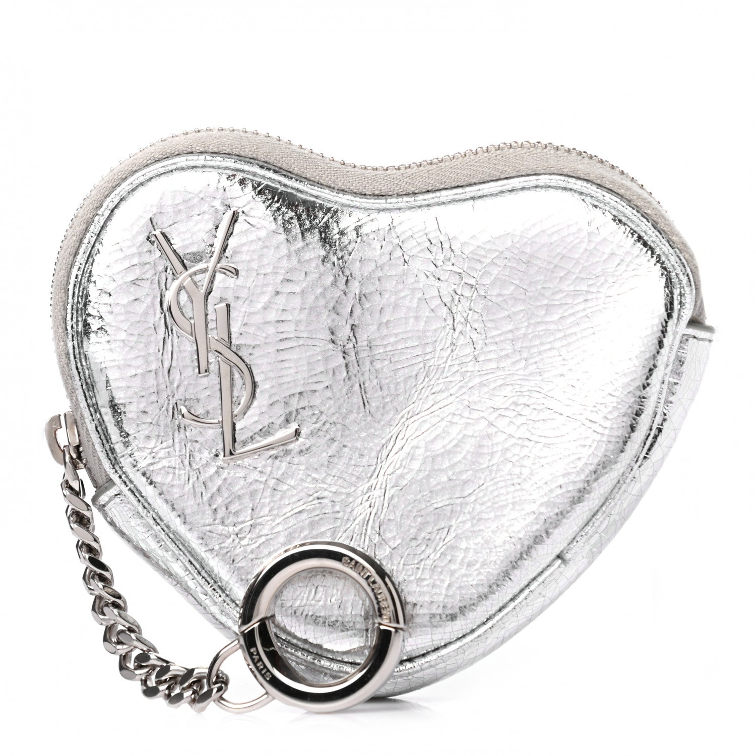 Saint Laurent Metallic Calfskin Monogram Heart Key Pouch Silver 1 of 7