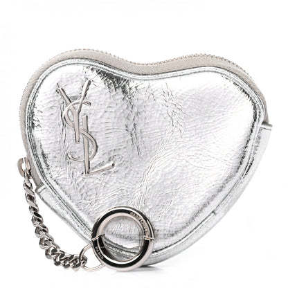 Saint Laurent Metallic Calfskin Monogram Heart Key Pouch Silver 1 of 7