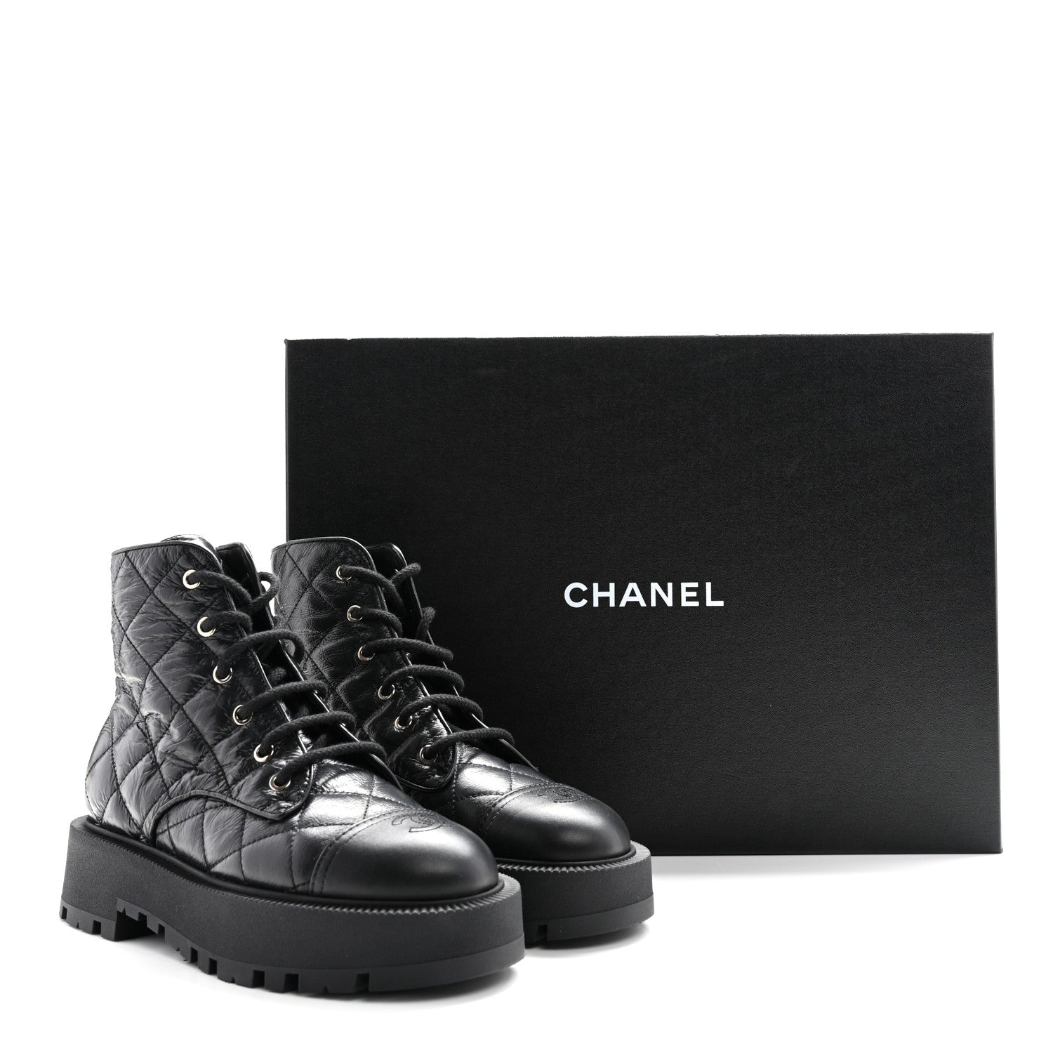 Chanel Crumpled Lambskin Quilted Platform Lace Up Combat Boots 39 Black 10 of 10