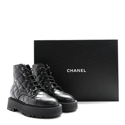 Chanel Crumpled Lambskin Quilted Platform Lace Up Combat Boots 39 Black 10 of 10